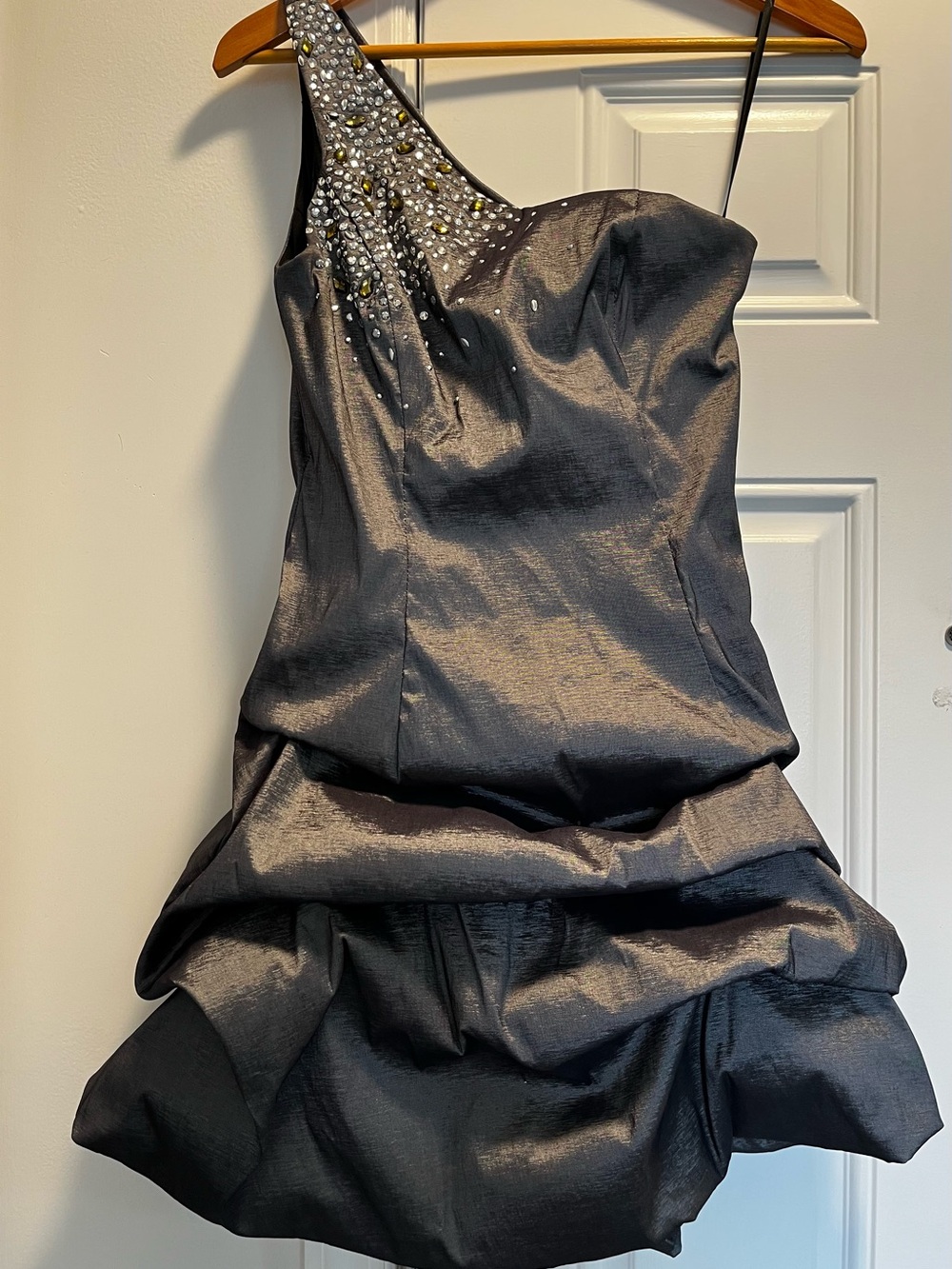 Betsy & Adam One-Shoulder Black Shimmer Cocktail Dress with Embellished Neckline